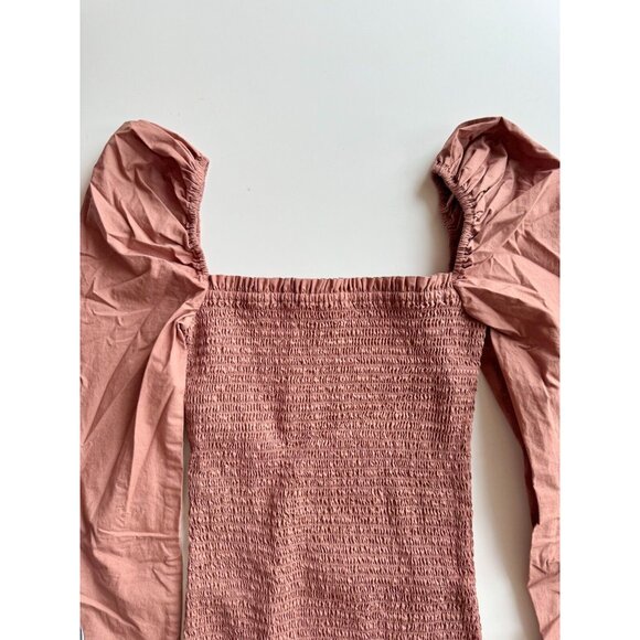 Aritzia WILFRED Maelys Brown Cotton Poplin Puff Sleeve Smocked Dress, Size XS - Picture 6 of 11